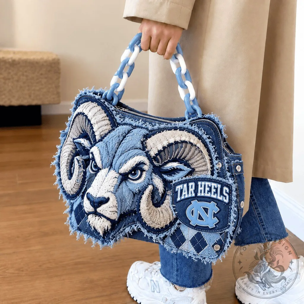 North Carolina Tar Heels Rameses Embroidered Denim Handbag Purse North Carolina Tar Heels Rameses Embroidered Denim Handbag Purse