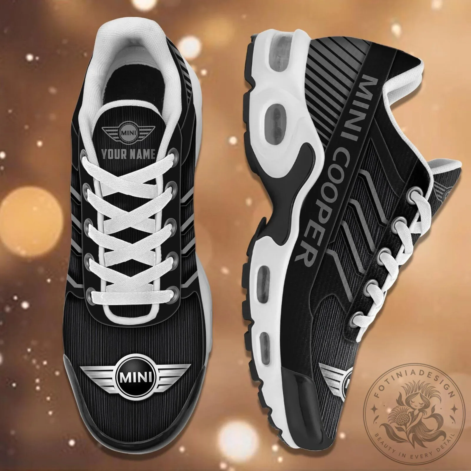 Mini Cooper Personalized Name Black and White Striped Design Running Shoes