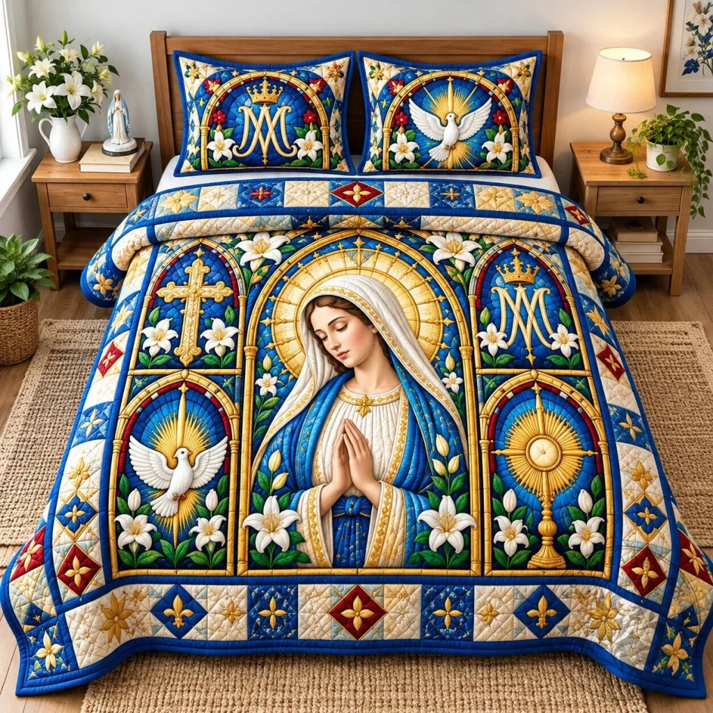Blessed Virgin Mary Our Lady of Mercy Stained Glass Quilted Bedding Set 33 Blessed Virgin Mary Our Lady of Mercy Stained Glass Quilted Bedding Set