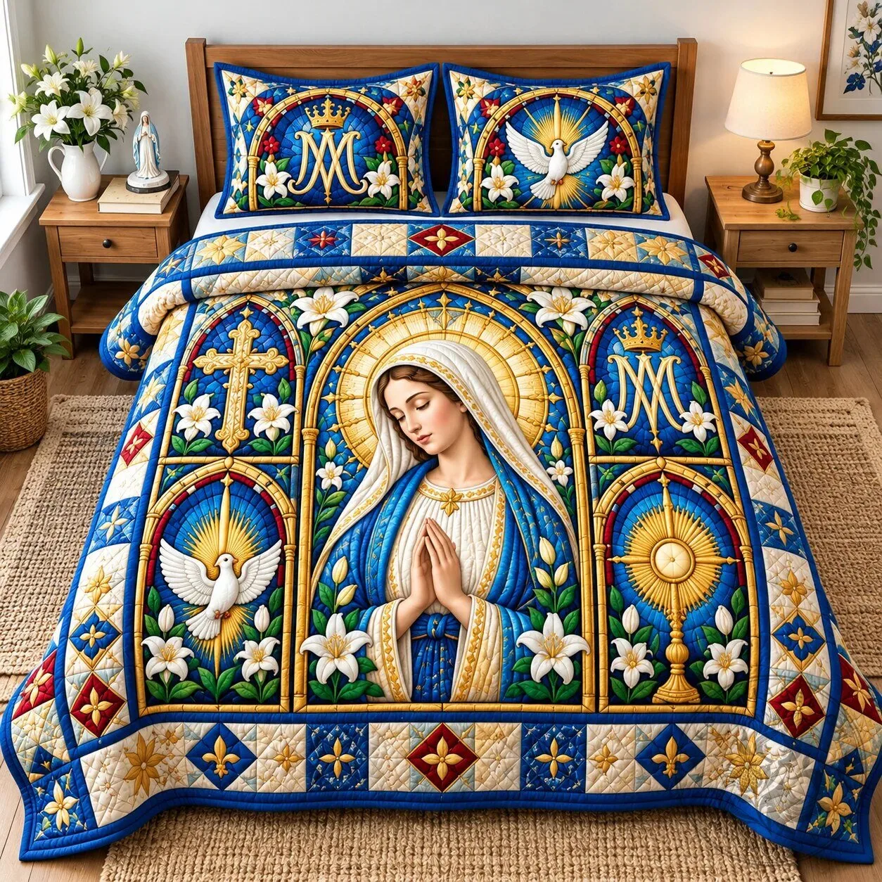 Blessed Virgin Mary Our Lady of Mercy Stained Glass Quilted Bedding Set