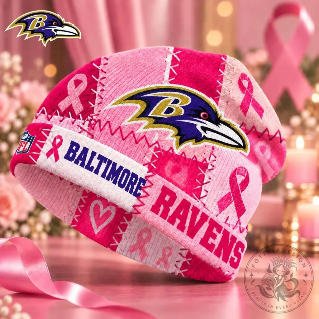 Baltimore Ravens NFL Breast Cancer Awareness Pink Ribbon Patchwork Beanie Hat 27 Baltimore Ravens NFL Breast Cancer Awareness Pink Ribbon Patchwork Beanie Hat