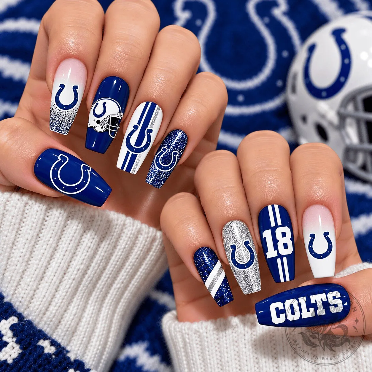 Indianapolis Colts Football Team Glitter Accent Press On Nails