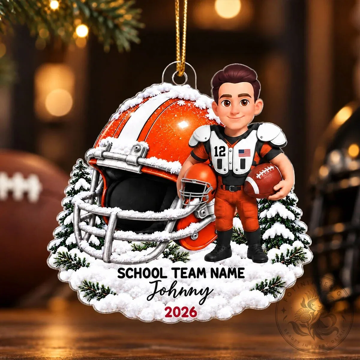 Personalized Football Player and Helmet Christmas Tree Ornament