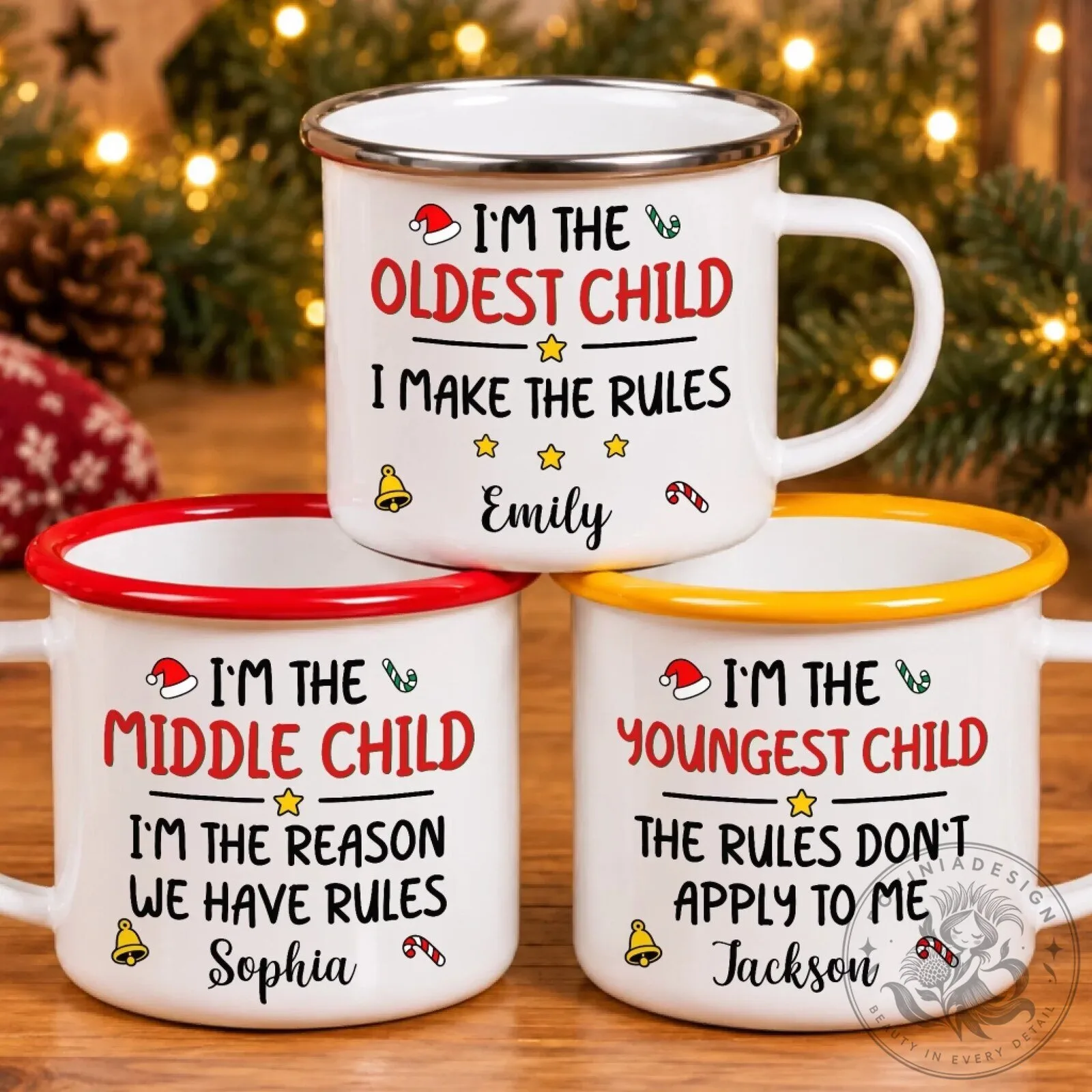 Personalized Christmas Sibling Rules Enamel Mug Set for Oldest Middle Youngest Child