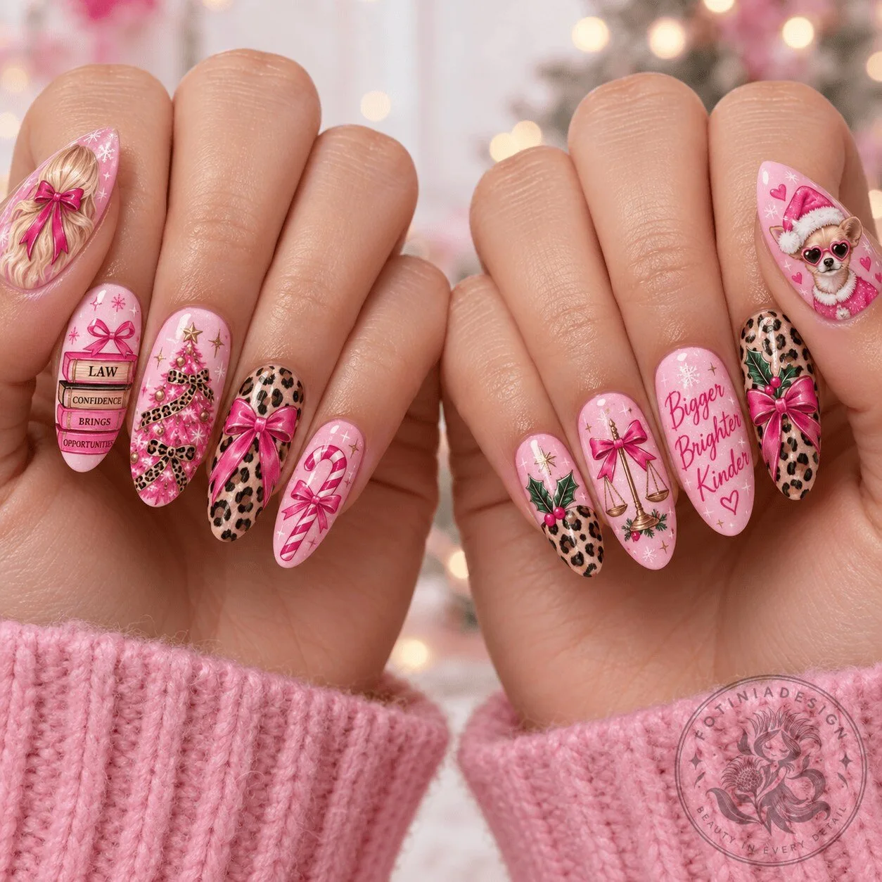 Legally Blonde Christmas Holiday Press-On Nails Set with Pink Bows and Leopard Print