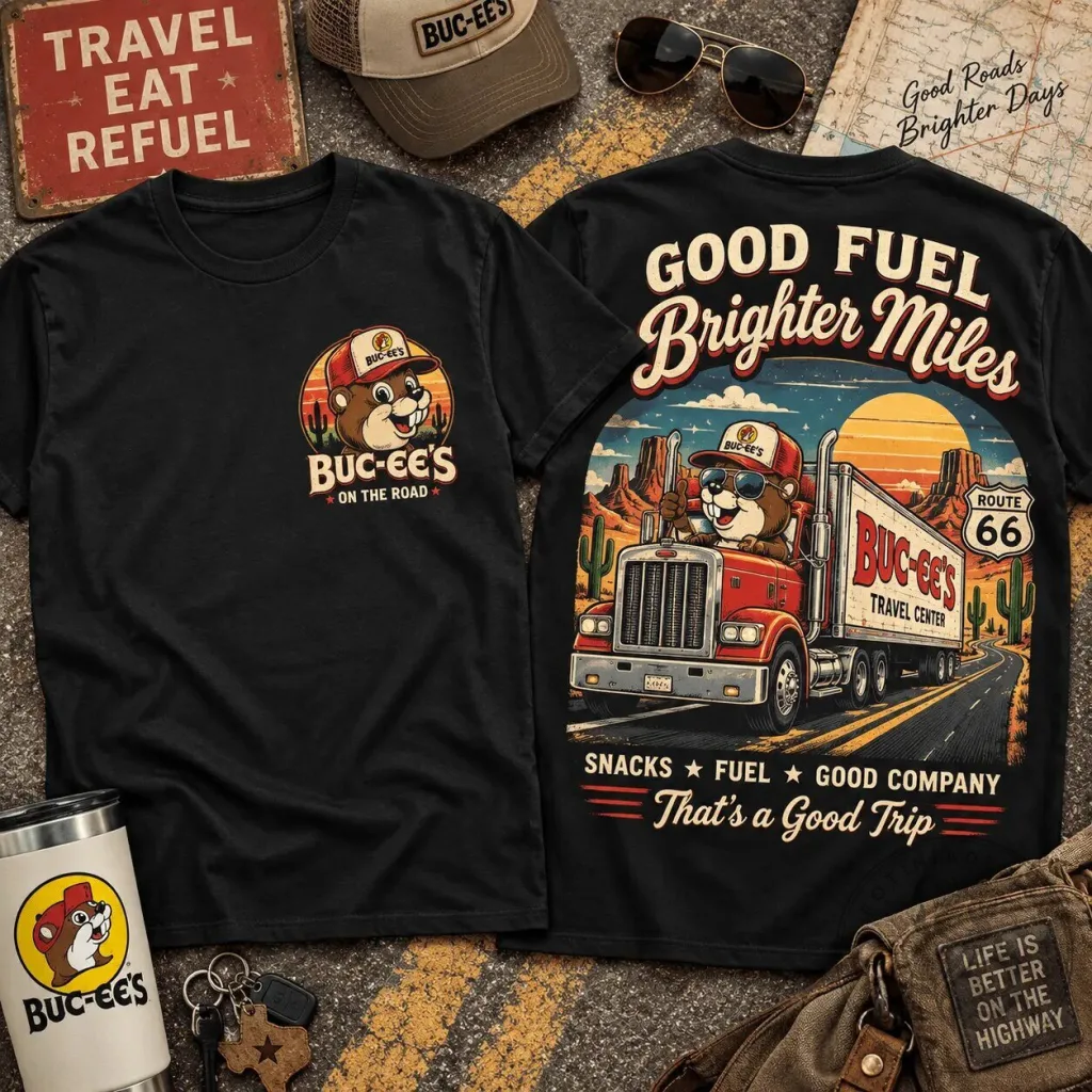 Buc-ee's Good Fuel Brighter Miles Route 66 Trucker T-Shirt 17 Buc-ee's Good Fuel Brighter Miles Route 66 Trucker T-Shirt