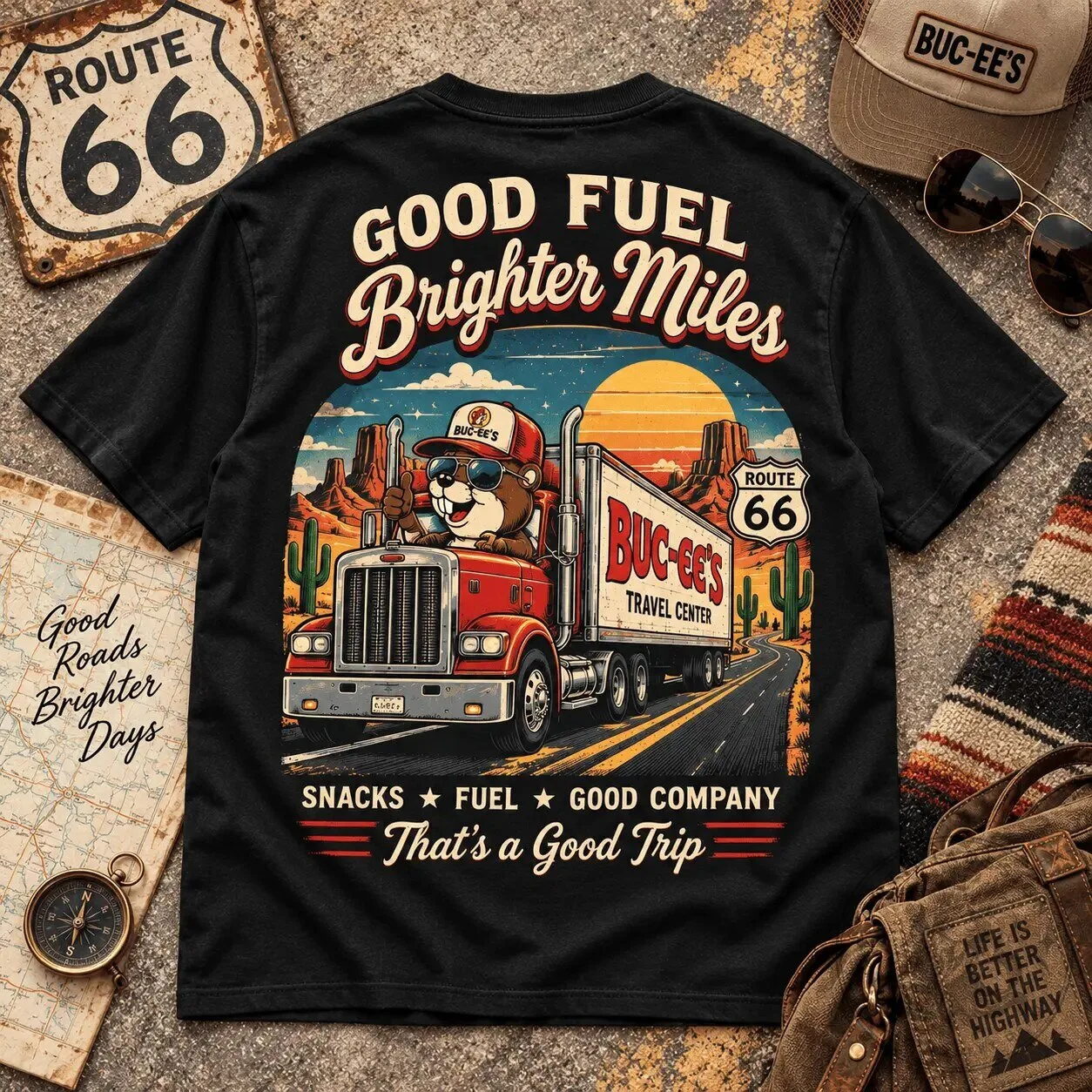 Buc-ee's Good Fuel Brighter Miles Route 66 Trucker T-Shirt 12 Buc-ee