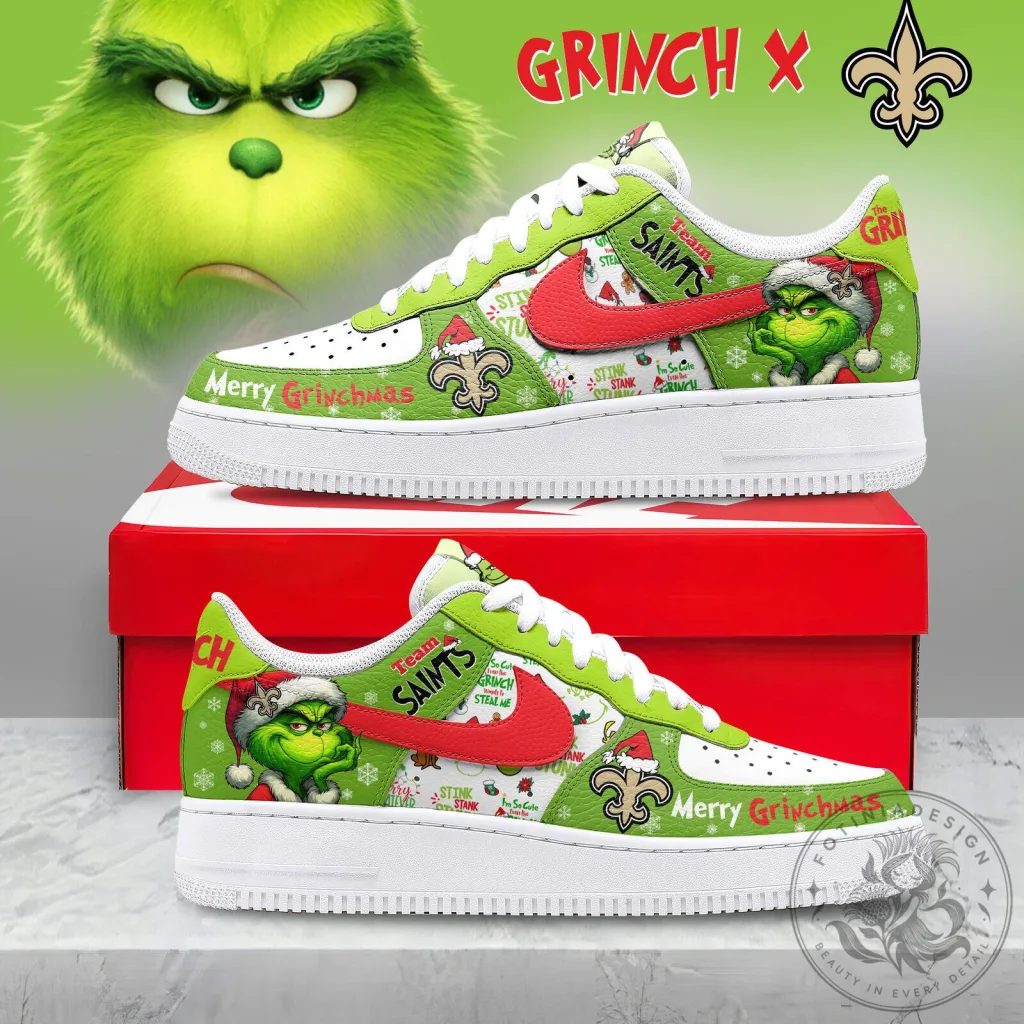 New Orleans Saints Grinch Christmas Holiday Sneakers 1 New Orleans Saints Grinch Christmas Holiday Sneakers