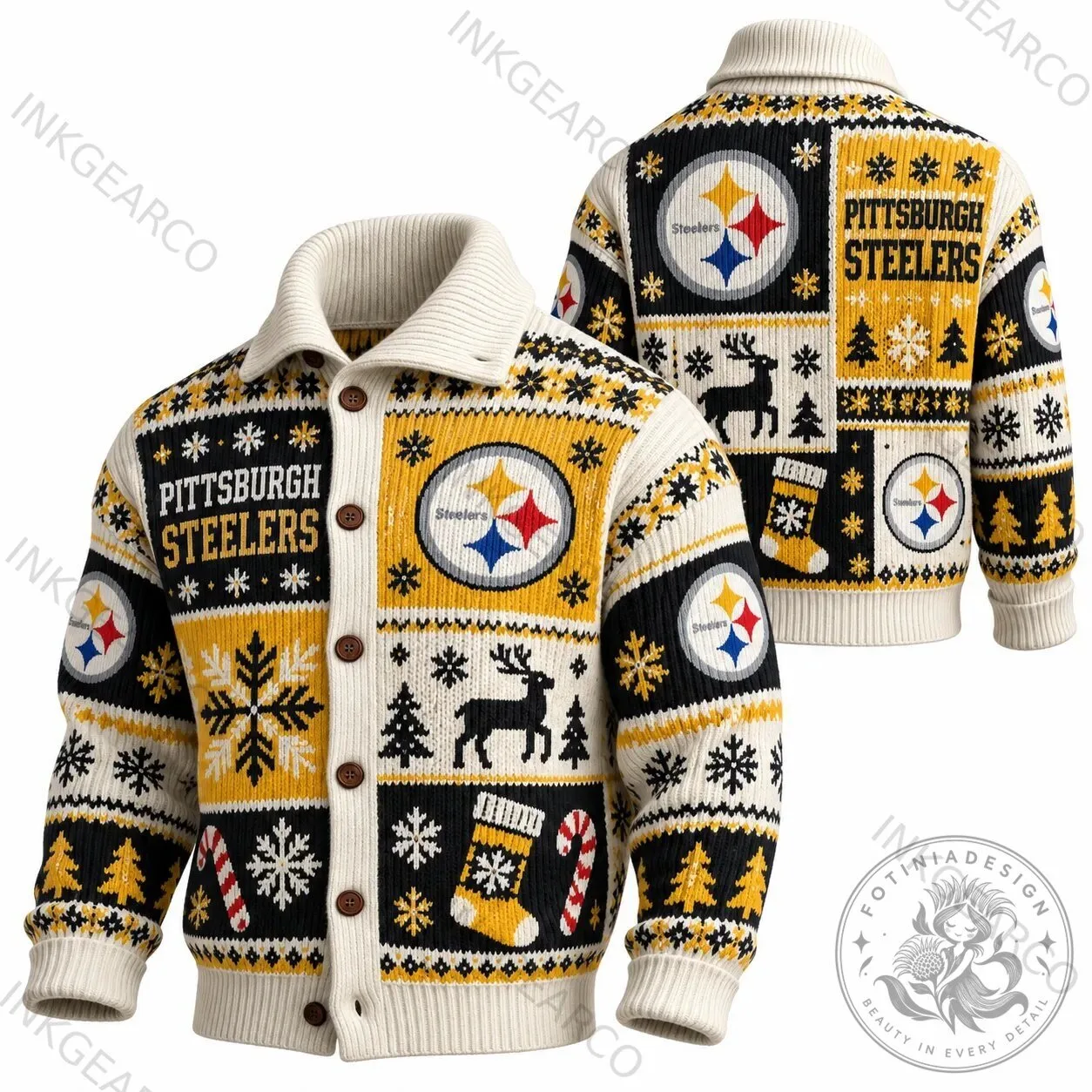 Knit Cardigan Featuring Pittsburgh Steelers Holiday Ugly Sweater Design for Christmas