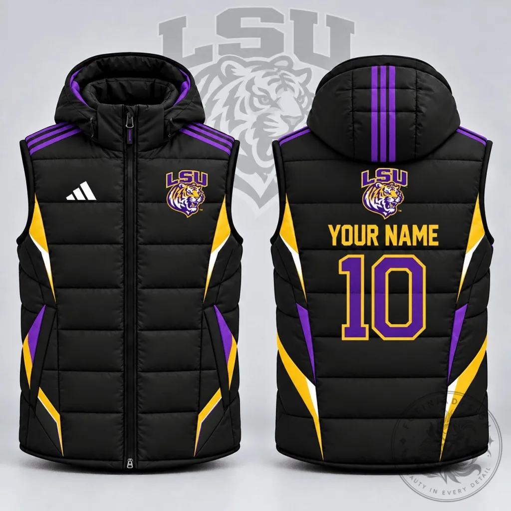 Louisiana State University Tigers Custom Name Number Puffer Vest 16 Louisiana State University Tigers Custom Name Number Puffer Vest