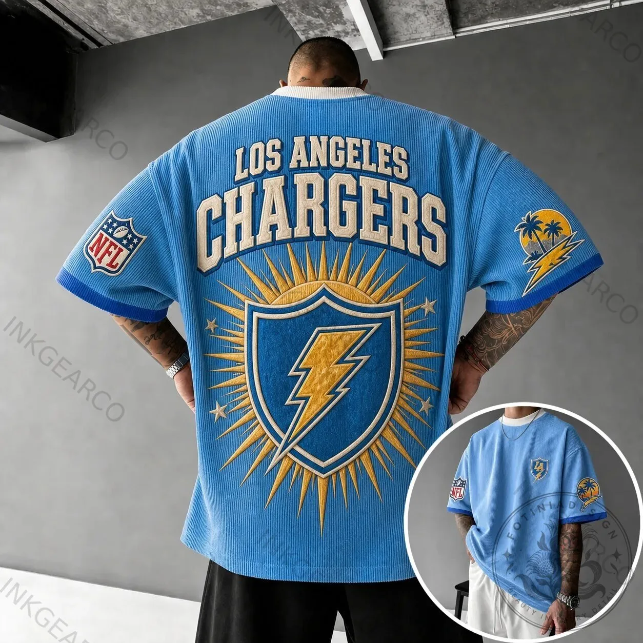 Corduroy Short Sleeve T-Shirt for Los Angeles Chargers NFL Football Team