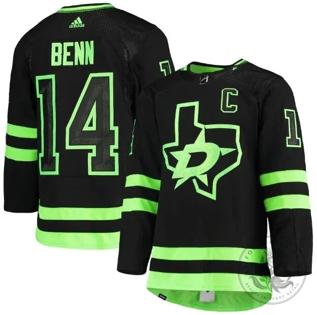 Dallas Stars Jake Benn Number 14 Black and Green Hockey Jersey