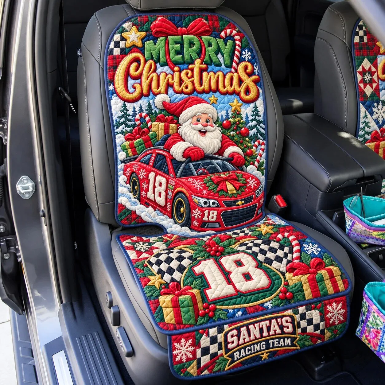 Merry Christmas Santa Racing Team Quilted Car Seat Cover Protector