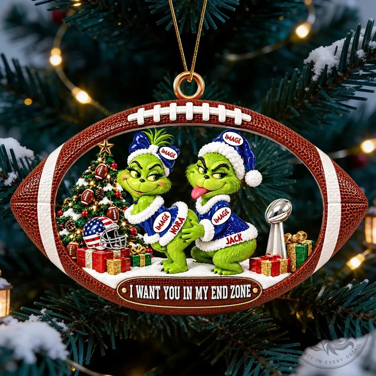 Funny Grinch Couple Football Christmas Ornament - Personalized Holiday Gift
