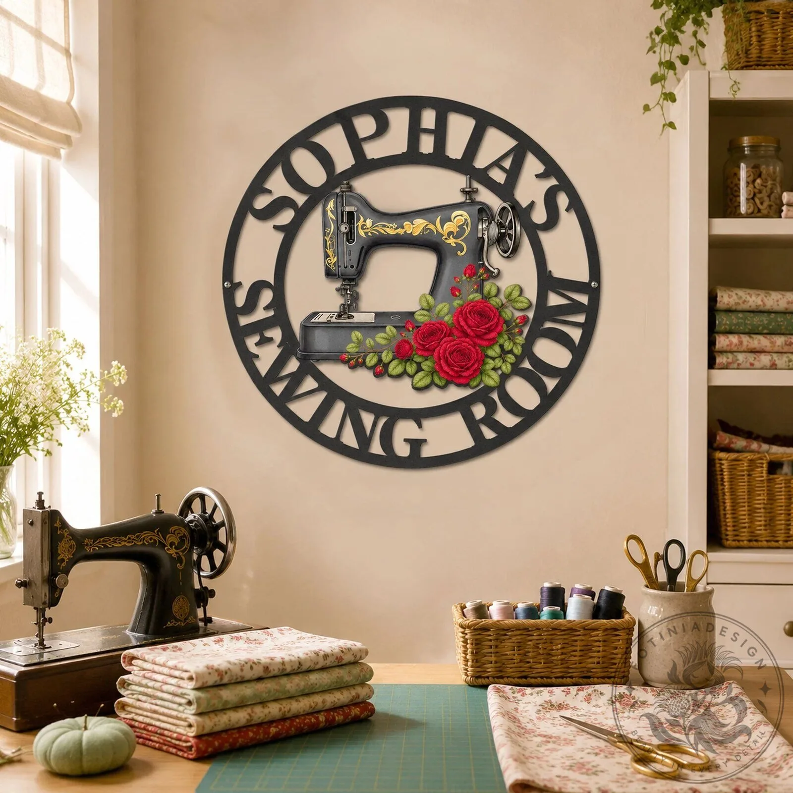 Personalized Sewing Room Metal Wall Art Sign with Vintage Machine and Roses