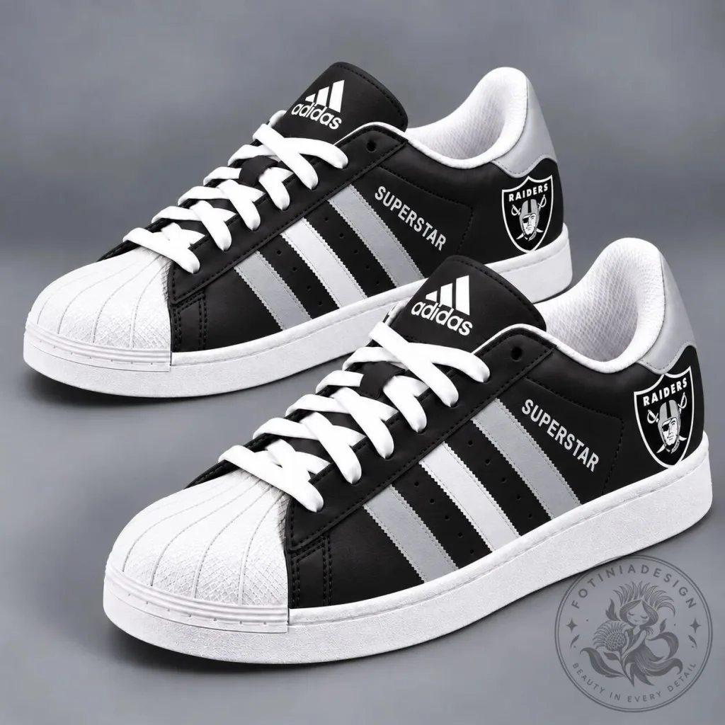 Las Vegas Raiders NFL Football Team Logo Black and White Superstar Shoes Las Vegas Raiders NFL Football Team Logo Black and White Superstar Shoes