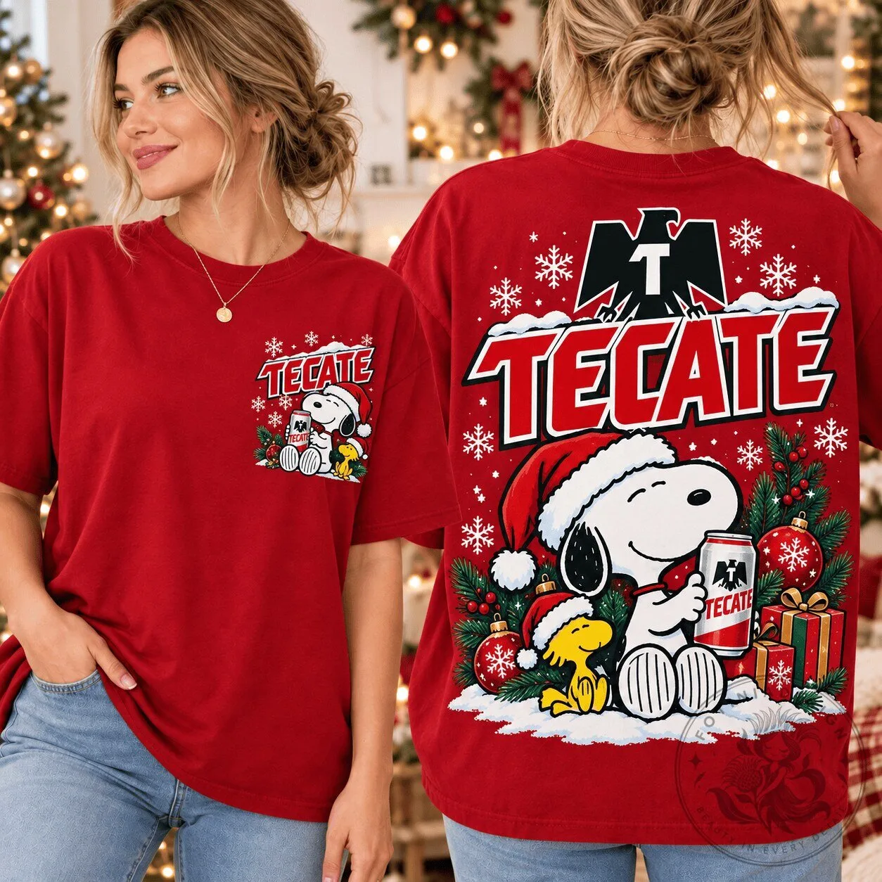 Tecate Beer Snoopy Christmas Holiday Graphic Short Sleeve T-Shirt