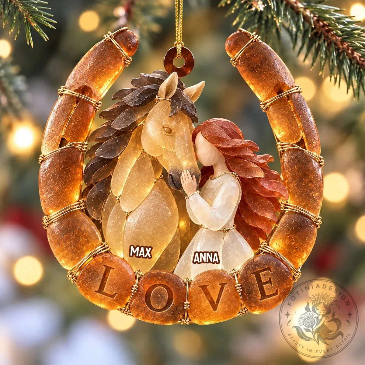 Personalized Horse and Girl Horseshoe Christmas Tree Ornament