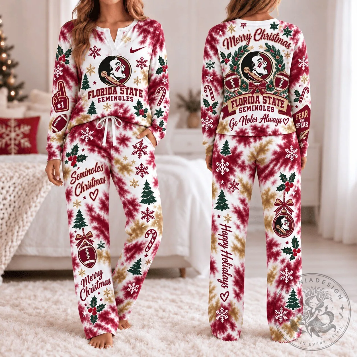 Florida State Seminoles Christmas Tie-Dye Long Sleeve Pajamas Set