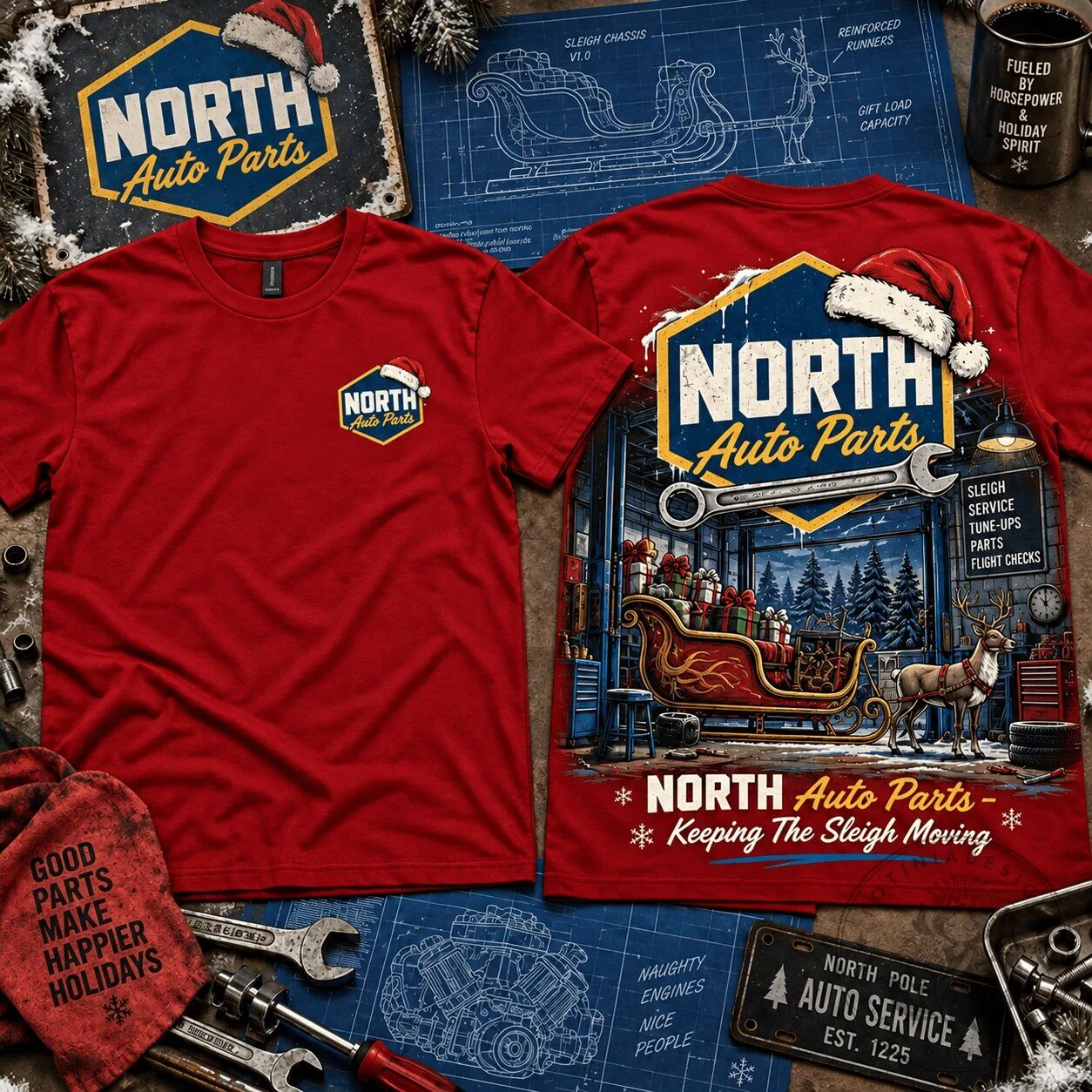 North Auto Parts Christmas Sleigh Service Holiday T-Shirt for Automotive Lovers