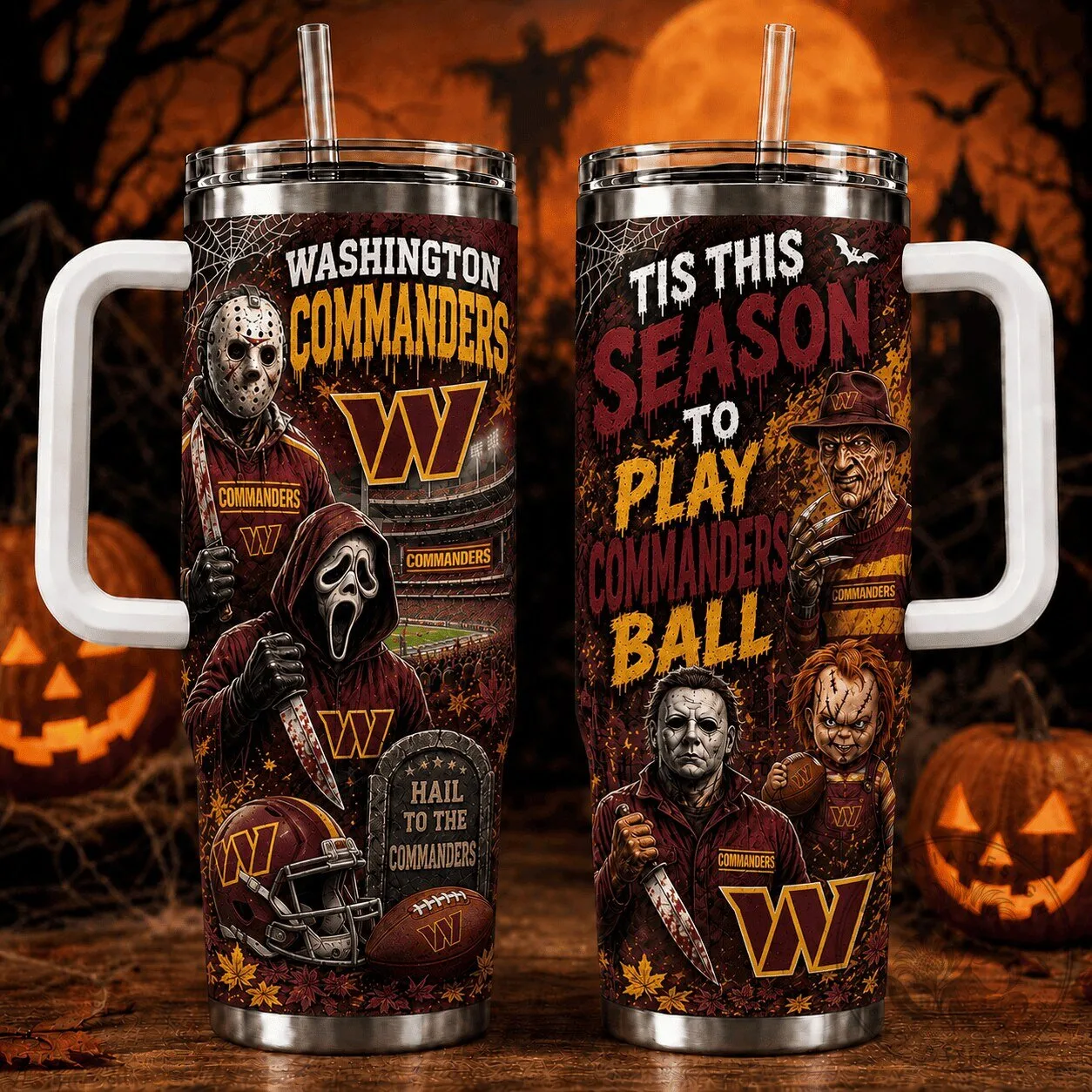 Football Fan Tumbler Featuring Halloween Horror Characters of the Washington Commanders