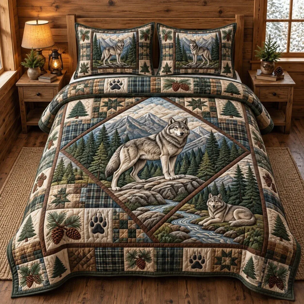 Rustic Wolf Mountain Forest Quilted Bedding Set with Pillow Shams Rustic Wolf Mountain Forest Quilted Bedding Set with Pillow Shams