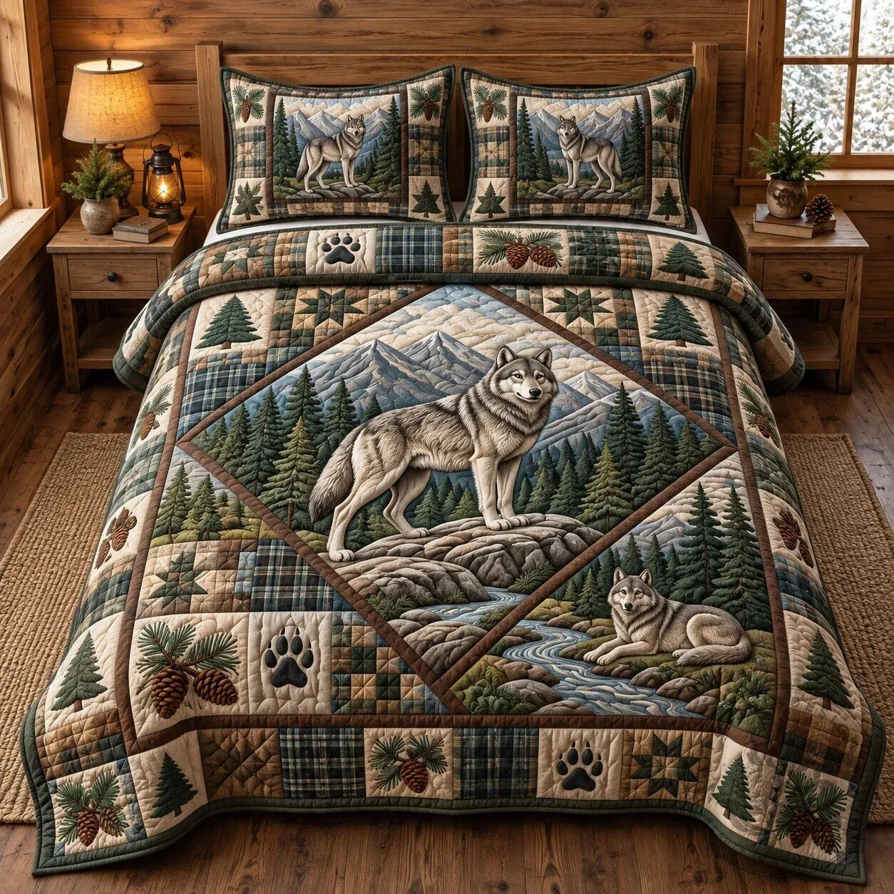 Rustic Wolf Mountain Forest Quilted Bedding Set with Pillow Shams