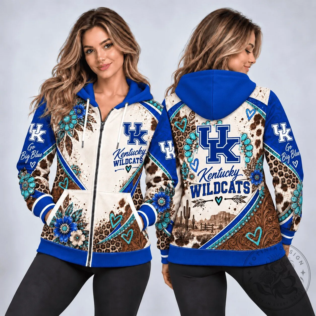 Kentucky Wildcats Western Boho Floral Leopard Print Full-Zip Hoodie