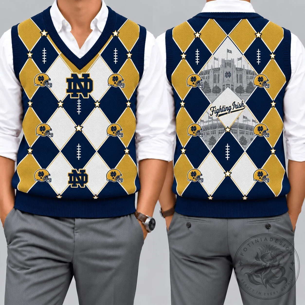 Notre Dame Fighting Irish Football Argyle V-Neck Knit Vest 1 Notre Dame Fighting Irish Football Argyle V-Neck Knit Vest