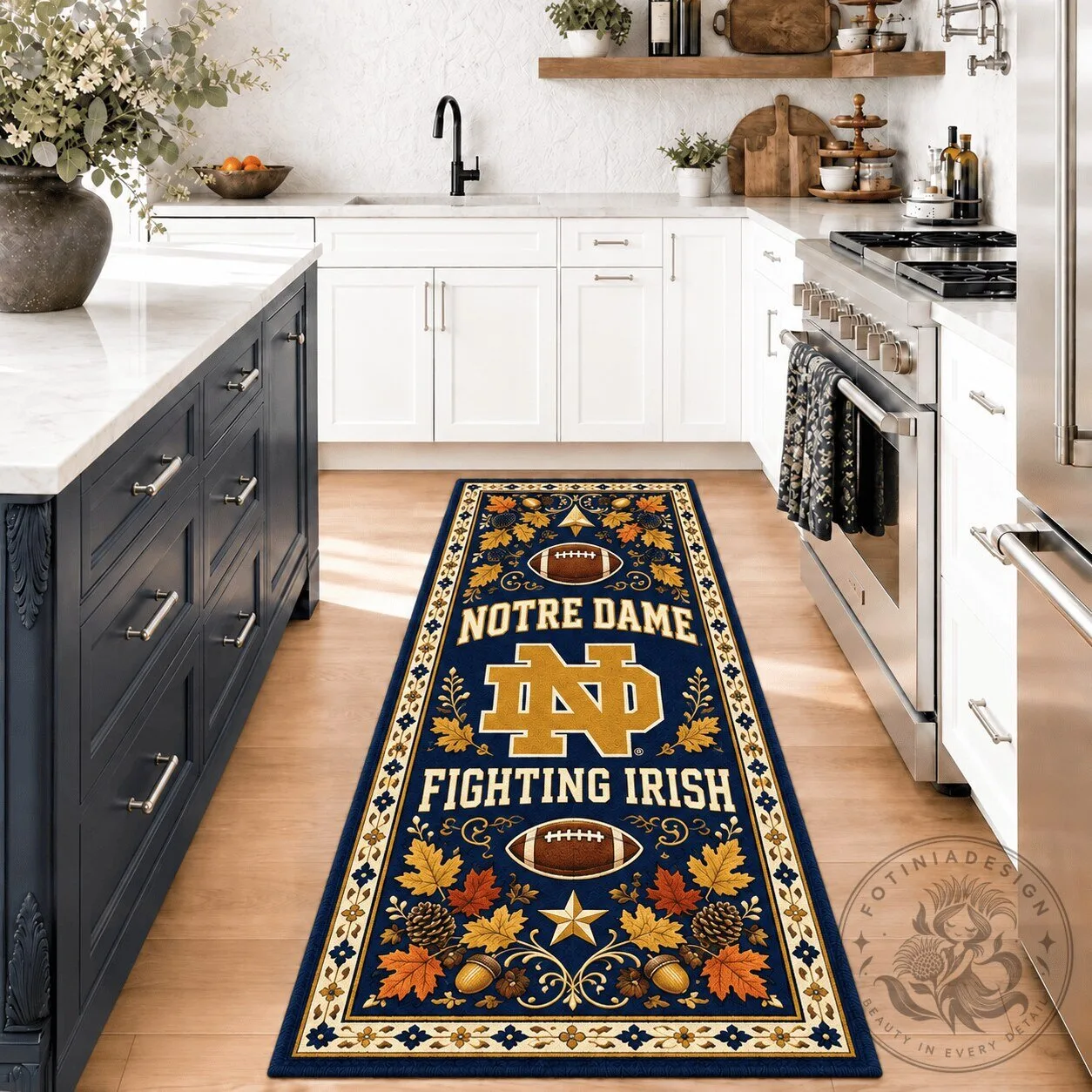 Notre Dame Fighting Irish Football Fall Leaves Kitchen Runner Rug
