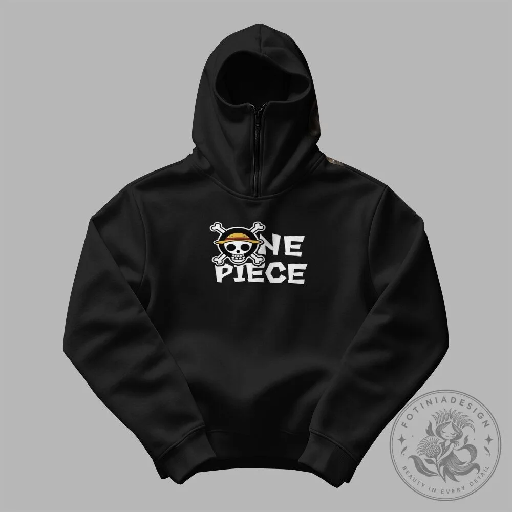 Black Zip-Up Hoodie with One Piece Anime Skull Emblem
