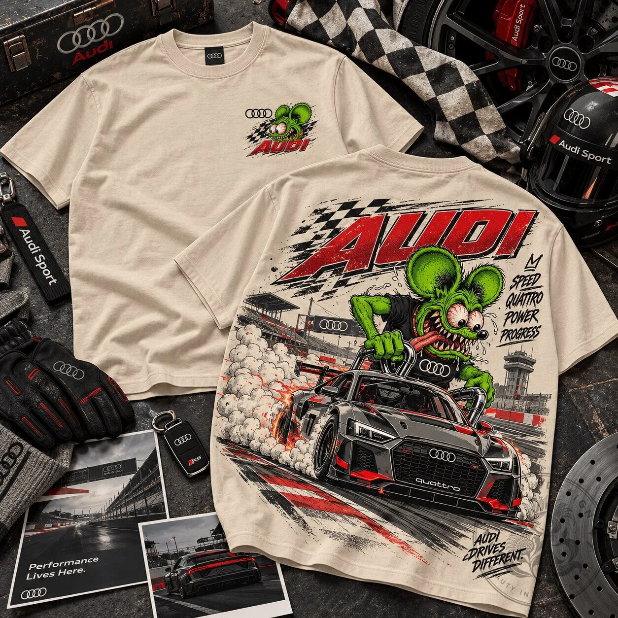 Audi Rat Fink Quattro Race Car Graphic Beige Cotton T-Shirt for Performance Fans