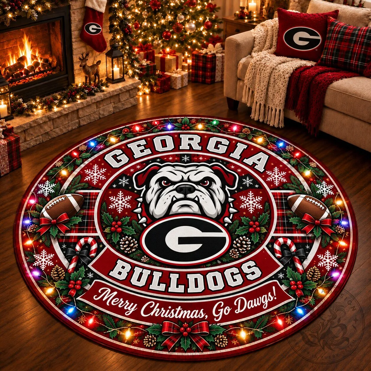 Georgia Bulldogs Christmas Holiday Round Rug - Merry Christmas Go Dawgs Floor Mat