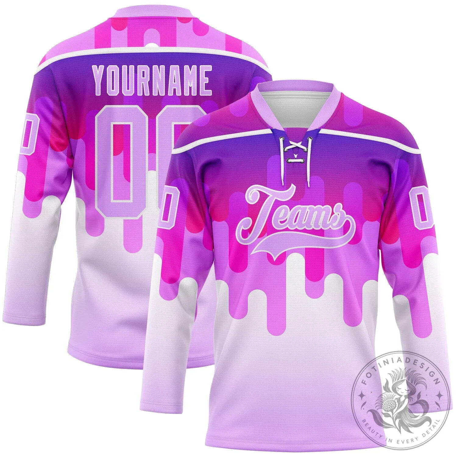 Custom White Light Purple Melting Rave Psychedelic Lace Neck Hockey Jersey