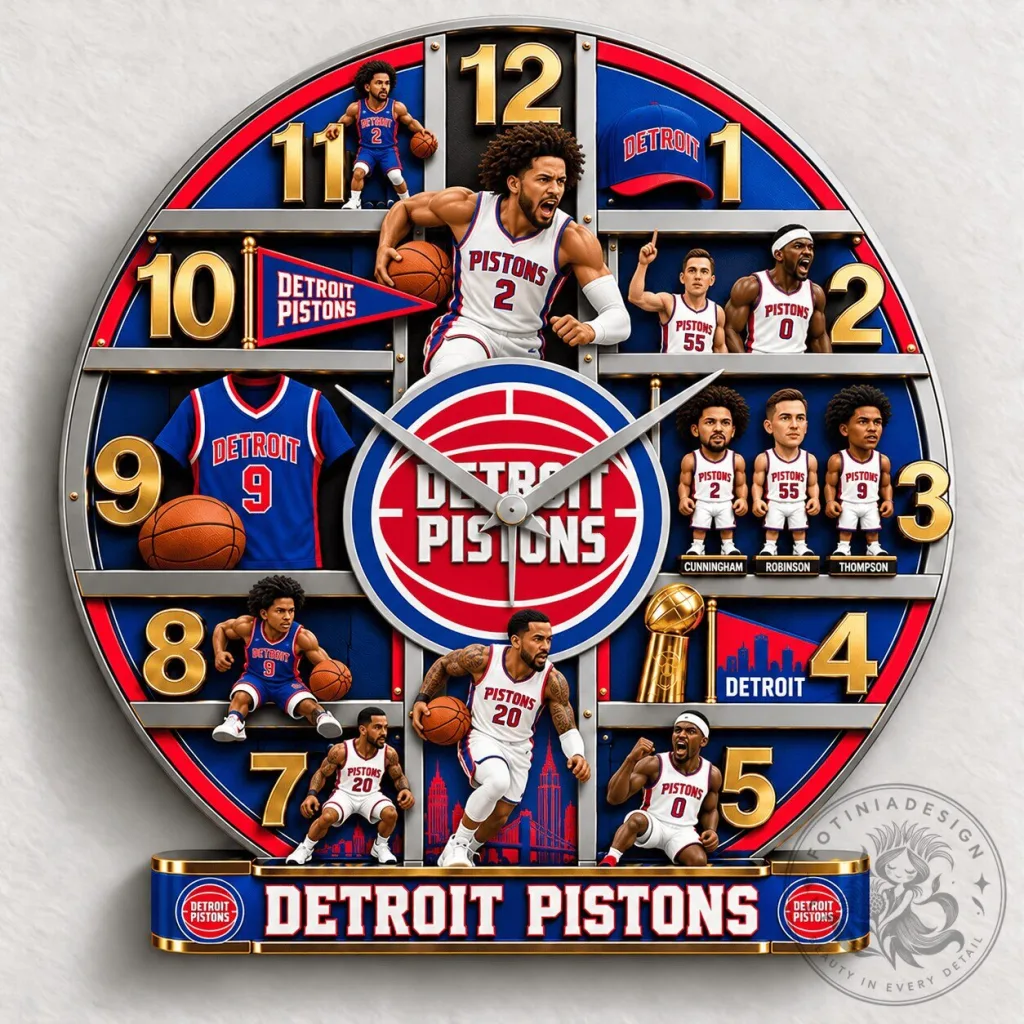 Detroit Pistons NBA Basketball Team Logo and Players Wall Clock Detroit Pistons NBA Basketball Team Logo and Players Wall Clock
