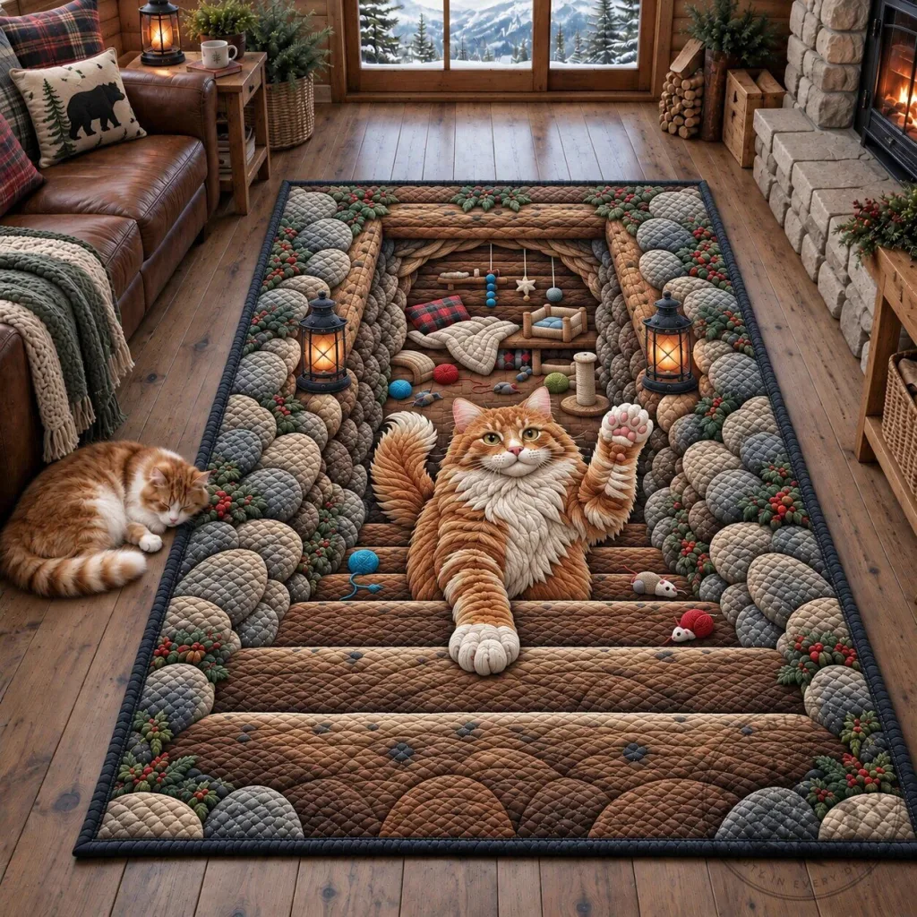 Giant Ginger Cat Climbing Out of a Hole Illusion Area Rug Giant Ginger Cat Climbing Out of a Hole Illusion Area Rug