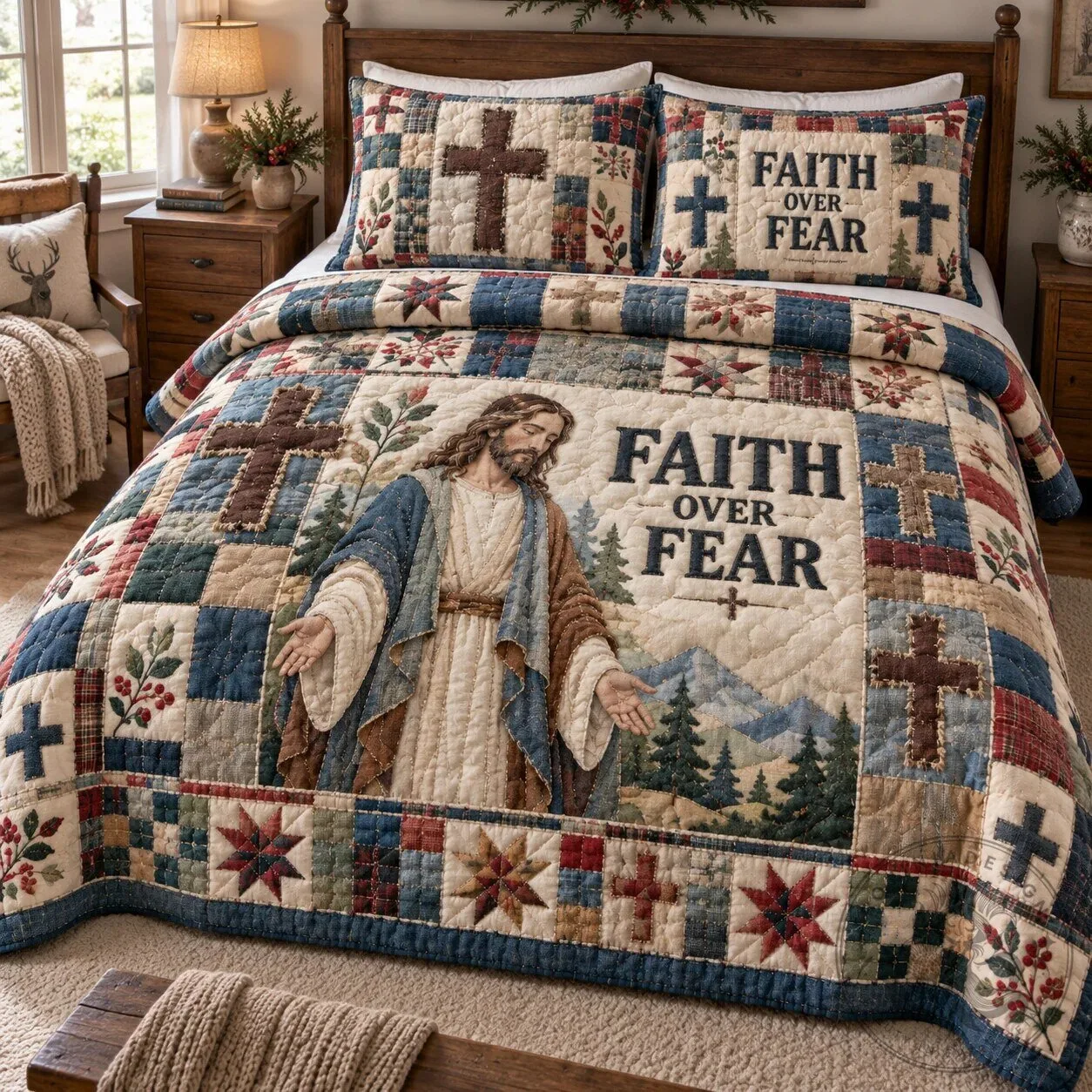Jesus Faith Over Fear Christian Cross Patchwork Quilted Bedding Set