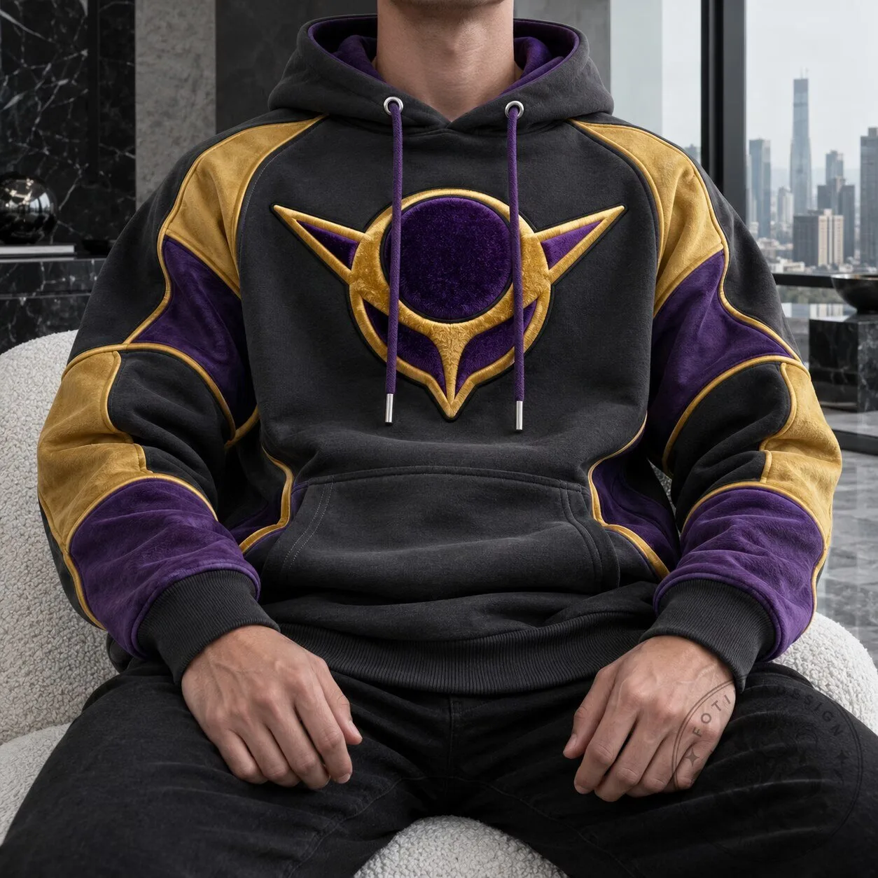 Oversized Purple and Gold Embroidered Hoodie with Front Pocket