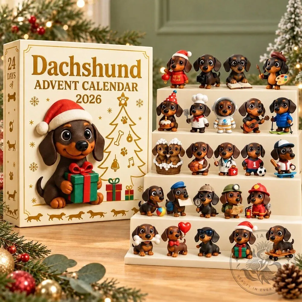 Dachshund Christmas Advent Calendar 2026 with 24 Puppy Figurines