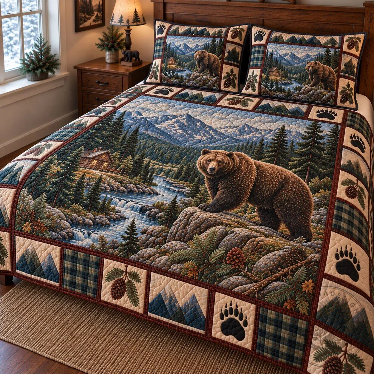 Rustic Grizzly Bear Cabin Mountain River Quilted Bedding Set