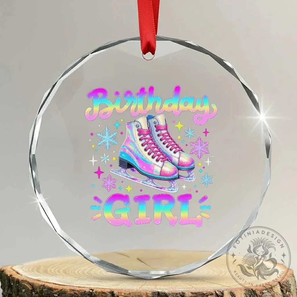Birthday Girl Ice Skates Pastel Holographic Winter Sports Crystal Glass Ornament