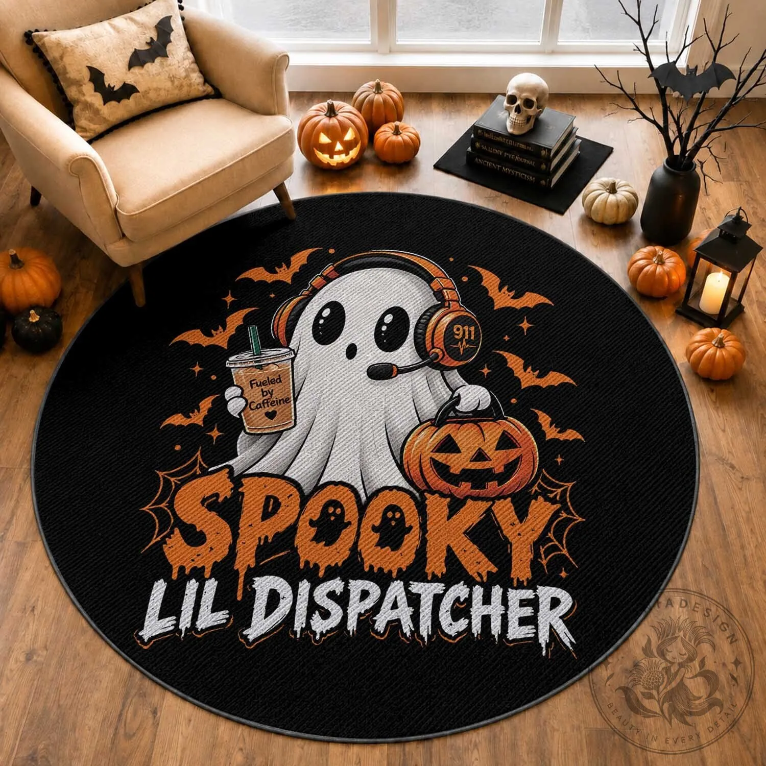 Spooky Lil Dispatcher Halloween Ghost Round Rug 3 Spooky Lil Dispatcher Halloween Ghost Round Rug