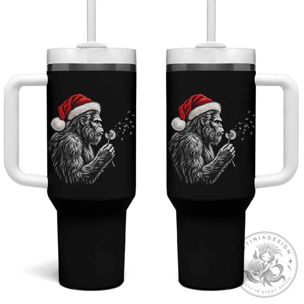 Christmas Bigfoot Blowing Dandelion Sasquatch Santa Hat Holiday Tumbler With Handle