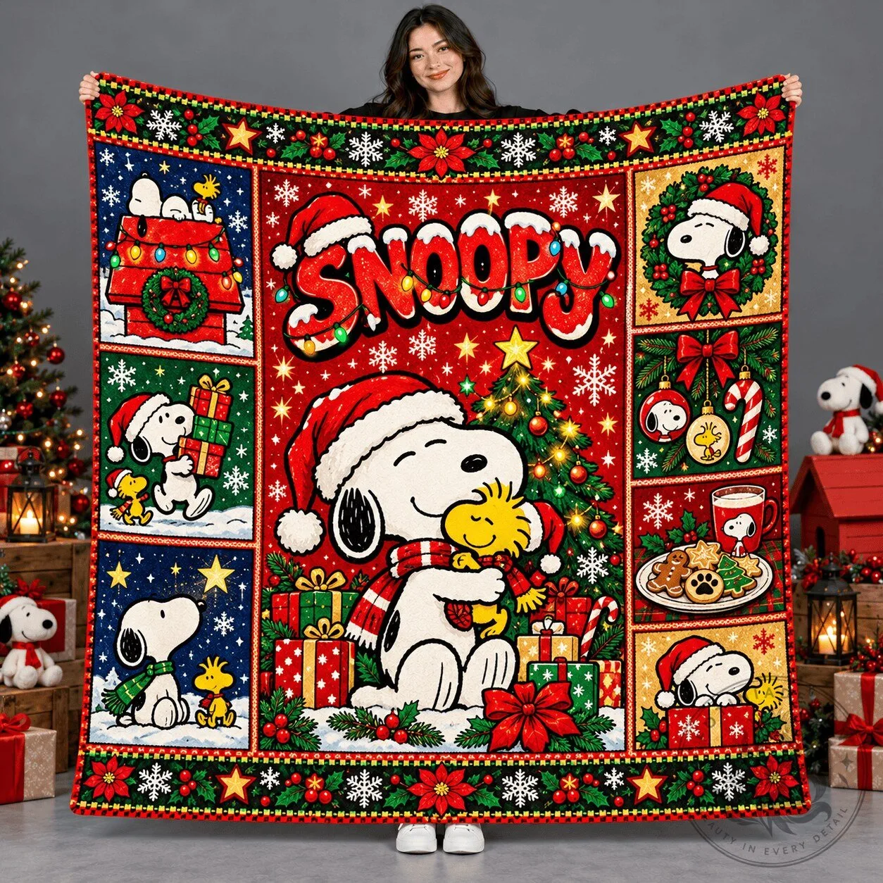 Snoopy Santa Claus and Woodstock Holiday Christmas Fleece Blanket