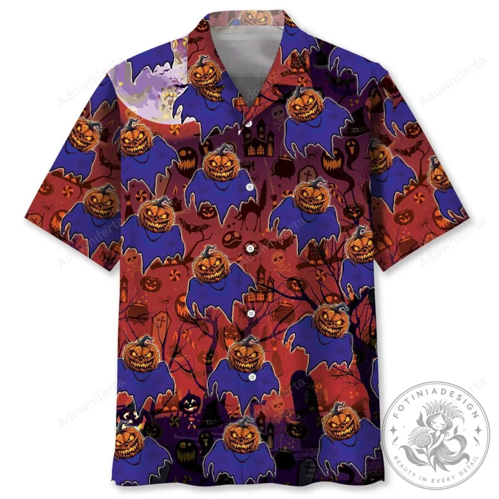 Spooky Halloween Pumpkin Ghost Pattern Men's Hawaiian Shirt Spooky Halloween Pumpkin Ghost Pattern Men's Hawaiian Shirt