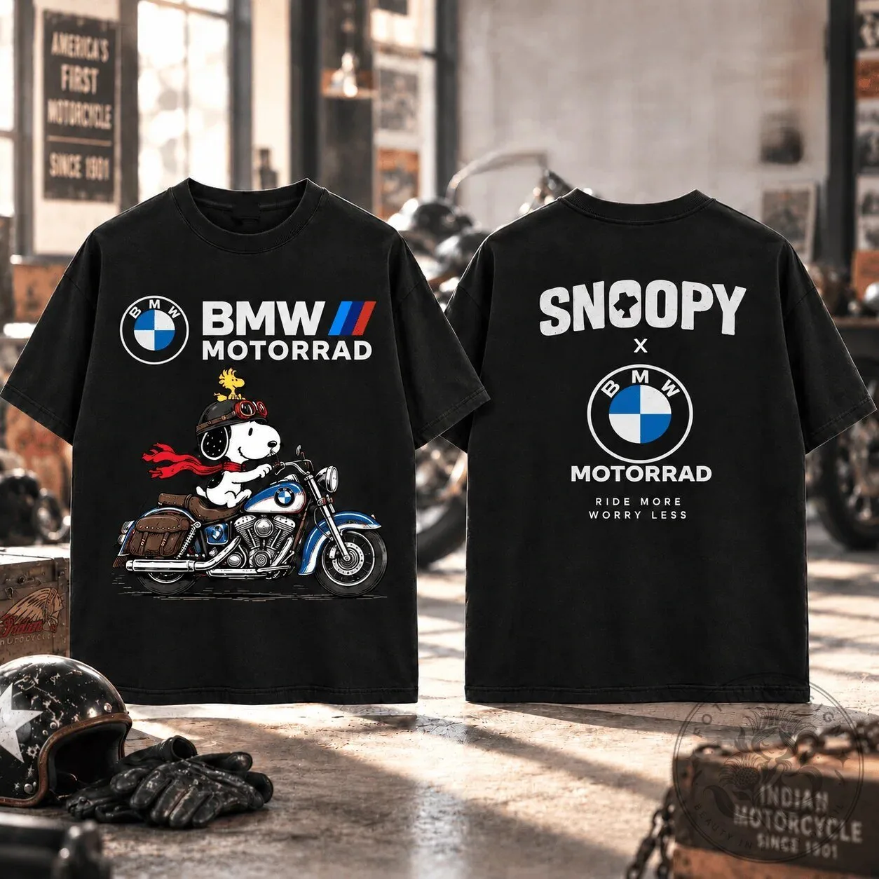 Snoopy Riding BMW Motorrad Motorcycle Graphic T-Shirt