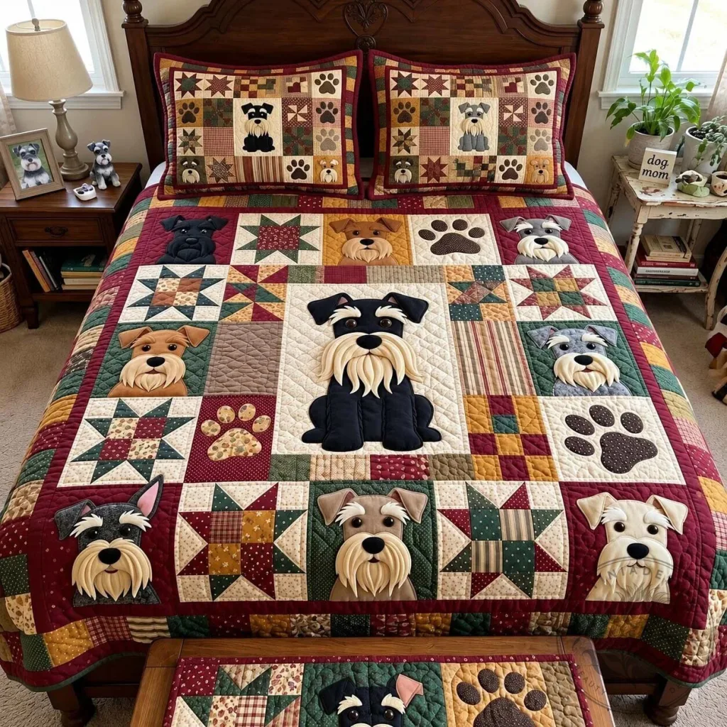 Schnauzer Dog Breed Patchwork Quilted Bedding Set with Pillow Shams Schnauzer Dog Breed Patchwork Quilted Bedding Set with Pillow Shams