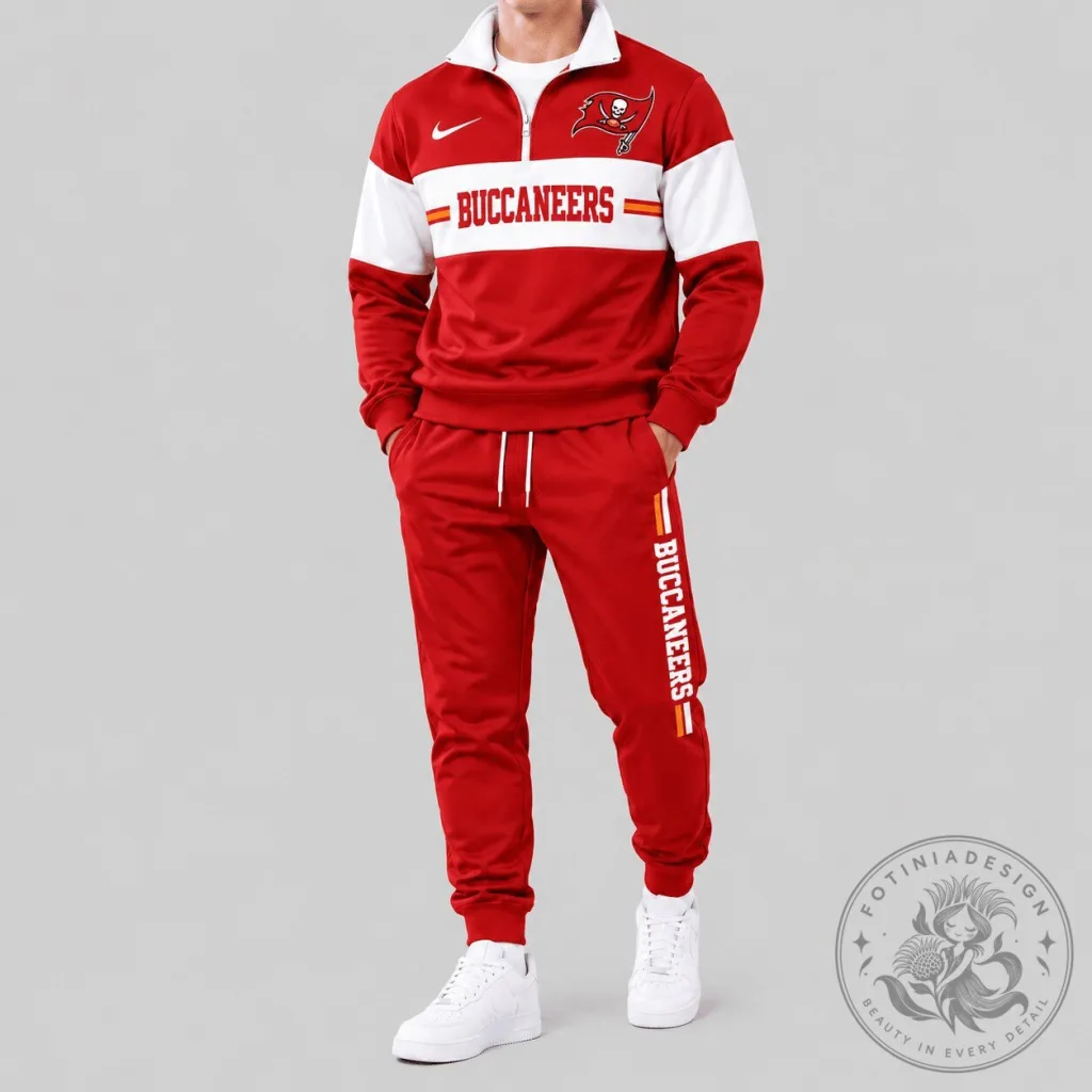 Tampa Bay Buccaneers NFL Quarter Zip Red and White Tracksuit Hoodie Tampa Bay Buccaneers NFL Quarter Zip Red and White Tracksuit Hoodie