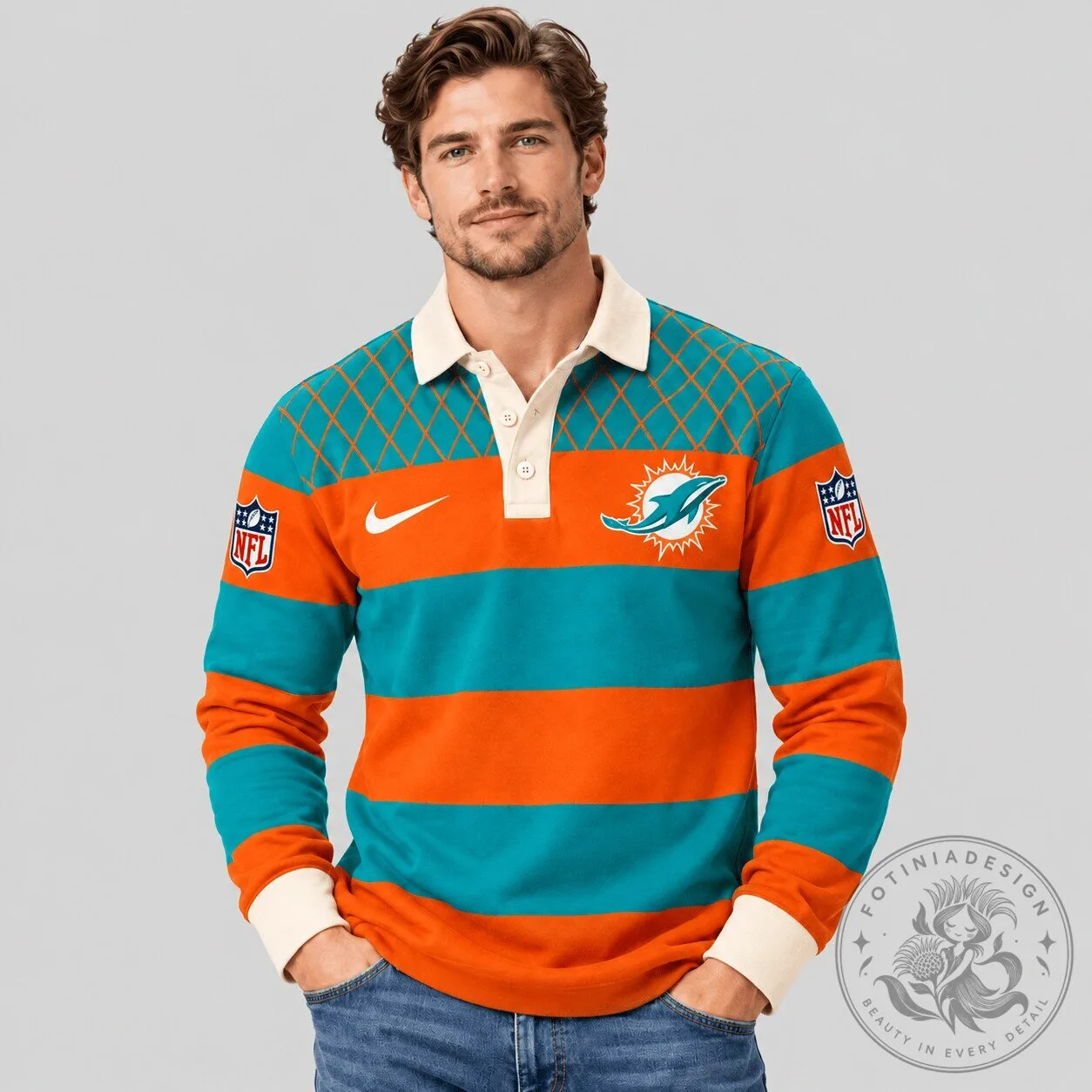 Miami Dolphins NFL Striped Rugby Long Sleeve Polo Shirt